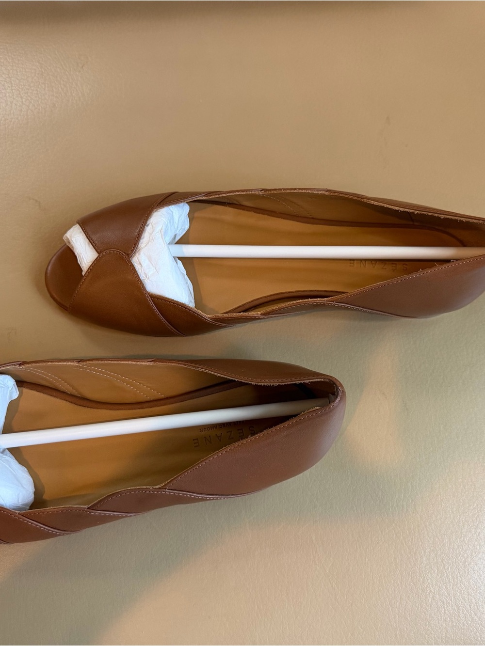 Sezane Cognac Brown Leather Peep-Toe Ballerines Suzanne - flats